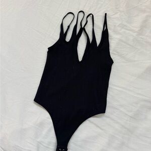 Free People Black Ribbed Multi-Strap bodysuit